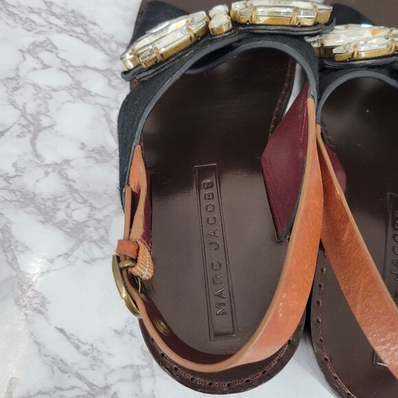 Marc Jacobs Y2K Chunky Heeled Pony Hair Leather Sandals Crystal Rhinestones - Picture 7 of 12